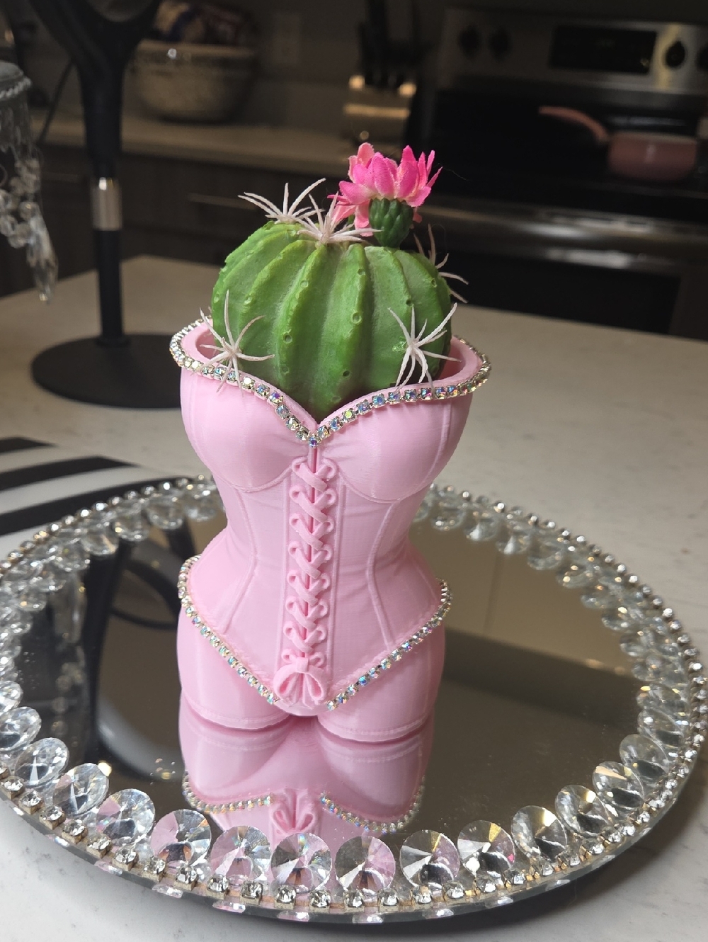 Pink Corset Planter with Rhinestone Trim